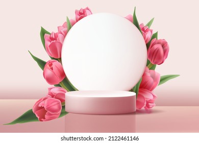  3d rendering of a vector background  with a cylinder and Pink  tulips. Spring concept. Spring concept.A stand on the podium to demonstrate a cosmetic product.