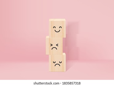 3d rendering vector for customer service evaluation and survey concepts Client picked the smile face on 3d rendered wooden cube to happy. happy pink pastel studio background.