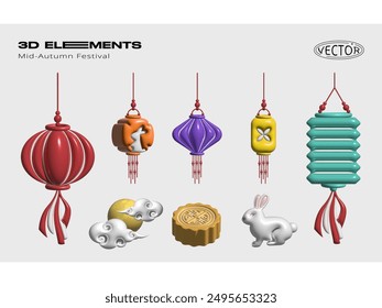3D rendering vector of Mid-Autumn Festival lanterns. Realistic vector of moon, cloud, moon cake, rabbit.