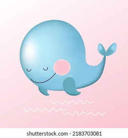 3D rendering Whale baby style, sea background, web poster, child flyer, seasonal brochure, baby shower modern background.