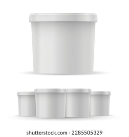 3D rendering White food plastic tub bucket container for dessert, yogurt, ice cream, sour cream, snack, butter, margarine or cheese, Mock Up Template, Vector illustration