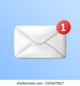 3d rendering white glossy letter with red notification button. Vector closed paper envelope isolated on blue background. New message icon in three dimensional style