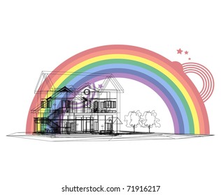 3D rendering wire-frame of house with rainbow