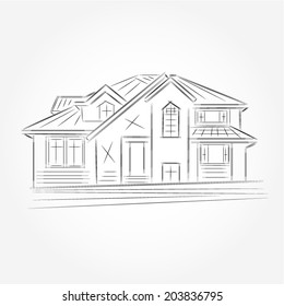 3D rendering wire-frame of house. White background.