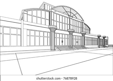 3D rendering wireframe of office building, white background. Concept - modern architecture, designing.