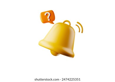 3D rendering, yellow bell vibrating due to a mystery notification orange question mark icon