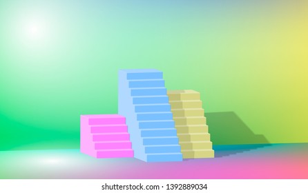 3d rendering, yellow blue pink stairs, steps, abstract background in arched pastel colors, fashion podium, minimalist scene, primitive architectural objects, designer element