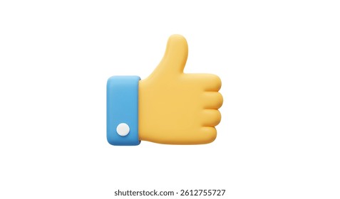 a 3D rendering of a yellow hand giving a thumbs-up gesture. The hand is accentuated with a blue wristband featuring a white button, adding a touch of detail to its minimalist and modern design
