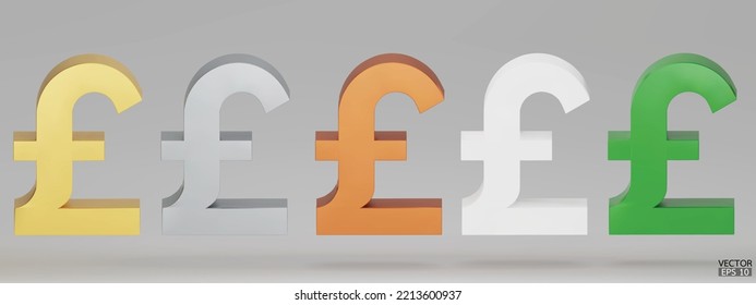 3D Renders British Pounds Money Symbols Icon Isolated On White Background. Gold, Silver, Copper, Green Pound Sign. Pound Currency For Your Website Design, Logo, App, UI. 3d Vector Illustration.