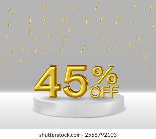 3D renders golden text 45% off podium with white background..