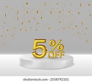 3D renders golden text 5% off podium with white background.