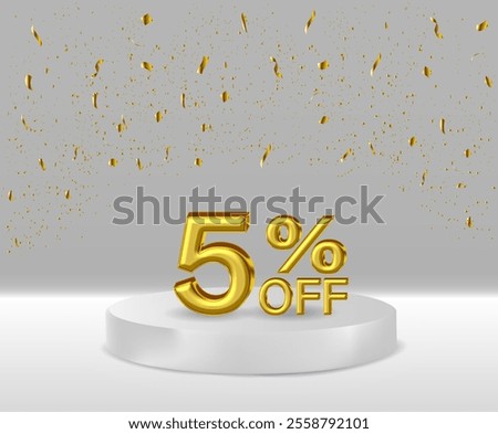 3D renders golden text 5% off podium with white background.