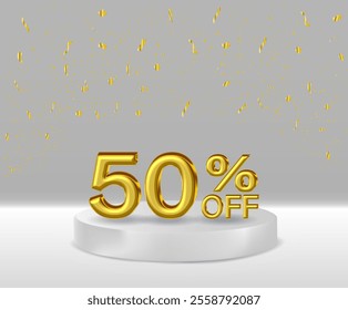 3D renders golden text 50% off podium with white background..