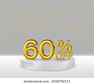 3D renders golden text 60% off podium with white background..
