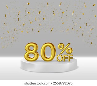 3D renders golden text 80% off podium with white background.