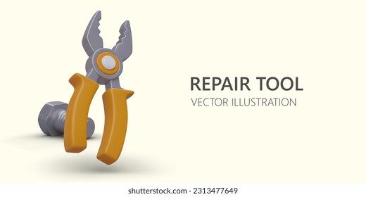 3D repair tools. Realistic pliers and screw. Color vector poster for advertising shop, tool manufacturer. Equipment for repair, carpentry, auto mechanics