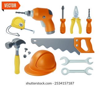 3d Repair Tools Set Cartoon Design Style Include of Hand Saw, Wrench and Measuring Tape. Vector illustration