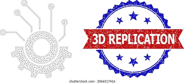 3D Replication rubber stamp seal, and gear electronics icon polygonal model. Red and blue bicolored stamp seal contains 3D Replication title inside ribbon and rosette.