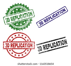 3D REPLICATION seal prints with distress style. Black, green,red,blue vector rubber prints of 3D REPLICATION text with retro style. Rubber seals with circle, rectangle, medallion shapes.