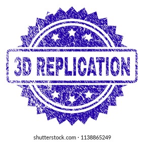 3D REPLICATION stamp watermark with grainy style. Blue vector rubber seal print of 3D REPLICATION label with corroded texture.