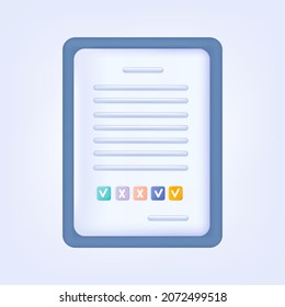 3d report icon. Business data with analysis on the annual report page. Financial form with a mark of the completed result. Checklist with check mark, data approved and rejected. Vector illustration