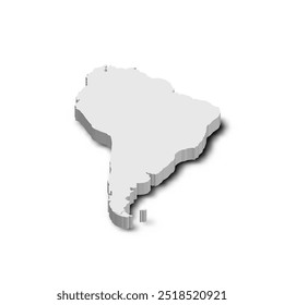 Una representación 3D de América del Sur en gris, destacando la forma del continente con un sutil efecto de sombra. El diseño enfatiza los contornos geográficos en un estilo minimalista.