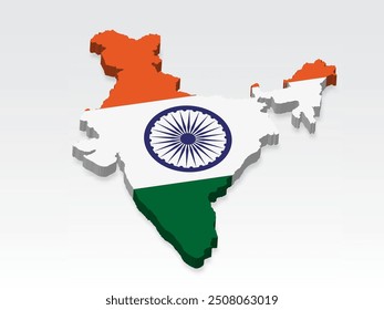 Mapa 3D de la República de la India con bandera. Mapa tridimensional de la India con sombra. Bandera de la República de la India en el fondo blanco para su diseño, App, UI. Vector de stock. EPS10. 