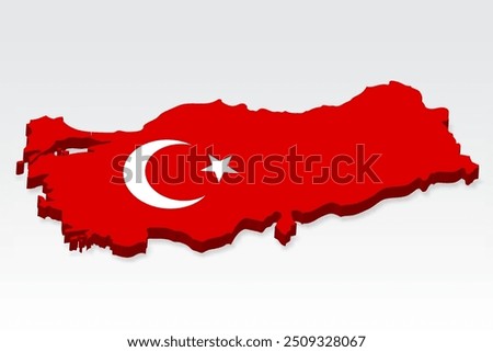 3D  Republic of Turkiye map with flag. Three dimensional map of Turkey with shadow. Flag of Turkey on white background for your design, app, UI.  Stock vector. EPS10. 