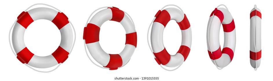 Ilustraciones de los cinturones de seguridad de rescate en 3D. 5 perspectivas diferentes de bote salvavidas, boya. Colección de ilustraciones de vetos realistas. Conjunto de iconos de salvavidas aislados.