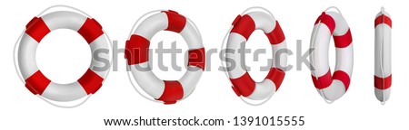 3d rescue life belt illustrations. 5 different perspectives of lifeboat, buoy. Realistic vetor illustration collection. Set of lifeline icons isolated.