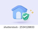 3D residence for personal loan with insurance protection icon signs. mortgage housing to money, mansion rental property of invest profit financial. 3d real estate icon vector render illustration