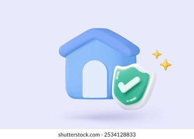 3D residence for personal loan with insurance protection icon signs. mortgage housing to money, mansion rental property of invest profit financial. 3d real estate icon vector render illustration