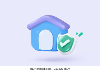 Residência 3D para empréstimo pessoal com sinais de ícone de proteção de seguro. habitação hipotecária para dinheiro, mansão alugado propriedade de investimento lucro financeiro. ilustração de renderização de vetor de ícone imobiliário 3d