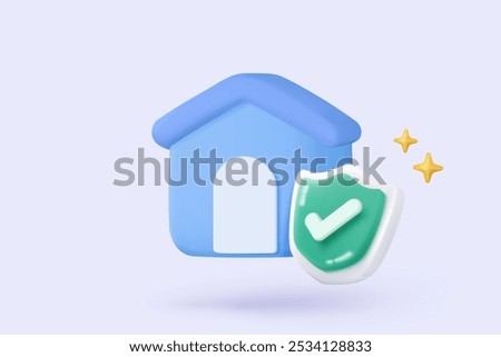 3D residence for personal loan with insurance protection icon signs. mortgage housing to money, mansion rental property of invest profit financial. 3d real estate icon vector render illustration