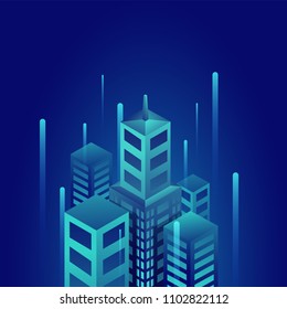 3D residential buildings on blue background. Isometric concept.