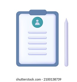 3d resume to clipboard. 
Examination of a candidate for a position or vacancy. Filling in the form of the document for jobe. Checklist for hiring. Free vacancy, list of skills. Vector illustration 