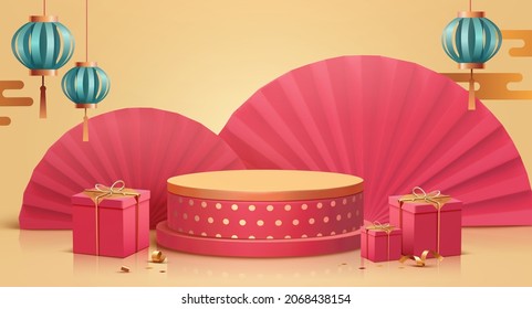 3D-Retor Asiatische Feiertagenthema-Podium-Design mit Rundbühne, Papierfächer, Geschenkbox und Laternen. Für die Produktdarstellung.