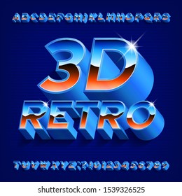 3D Retro alphabet font. Shining letters and numbers with shadow in 80s style. Stock vector typeface for your typography design.