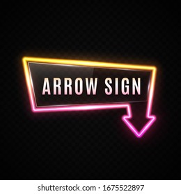 3D retro arrow sign on transparent background. Neon vintage banner. Bright vector illustration.