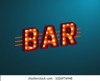 3d retro bar sign with electric bulb. Vector illustration.