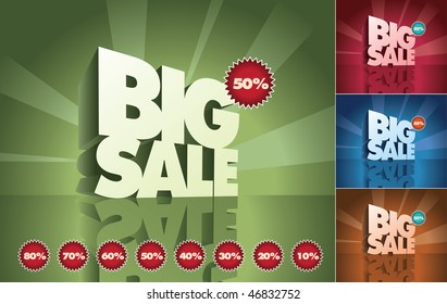 3d retro big sale text and percent tags. Vector design elements set. Print ready CMYK color mode.