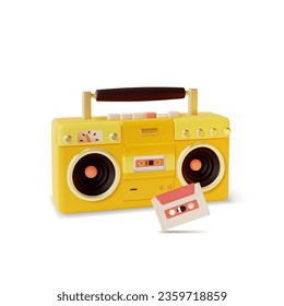 3d Retro Boombox and Audio Cassette Set Cartoon Style Isolated on a White Background Symbols of Eighties Music. Vector illustration