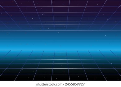 3D Retro Futurism Sci-Fi Background. glowing neon grid. and stars from vintage arcade computer games