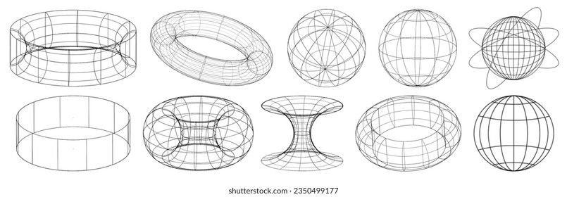 3d Retro futuristic. Black trip elements on the white background. Acid rave concept. Trippy vibe shapes, abstract forms in vaporwave 80s and 90s.