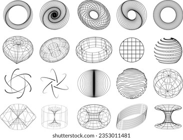 3 quinquies retro futurista. Elementos de viaje en negro sobre el fondo blanco. Concepto de fiebre ácida. Formas de vibración trippy, formas abstractas en vaporwave 80 y 90. Colección de alambres extraños vectoriales geométricos.
