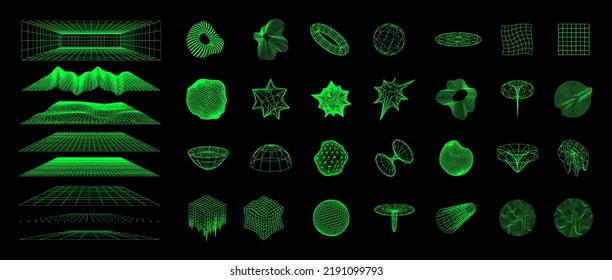 3D Retro futuristic figures, shapes, spheres and abstract elements. Set Cyberpunk shapes with liquid and glitch effect. Vaporwave style from 80s-90s. Cyberpunk glitch graphic set. Vector elements set