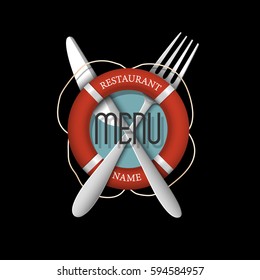 3d Retro Menu design for seafood restaurant. Vector template
