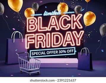 3D retro neon Black Friday sign on podium with shopping cart, bag and balloons around.