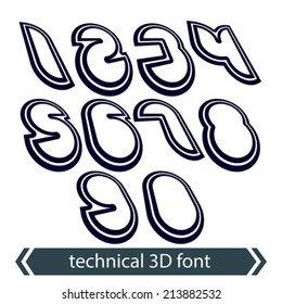 3d retro numbers in rotation, stylish vector numeration design. Doodle black and white numbers.