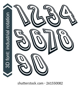 3d retro numbers in rotation, stylish vector numeration design. Doodle black and white numbers.